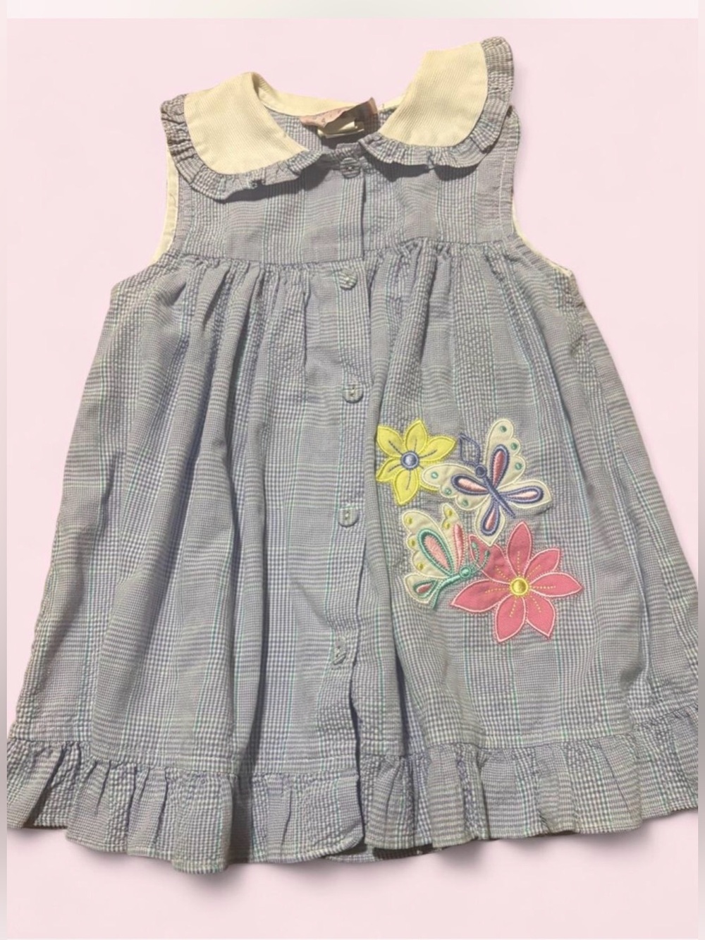 Vintage Toddler Samara blue and white gingham dress w embroidered flowers SZ. 4